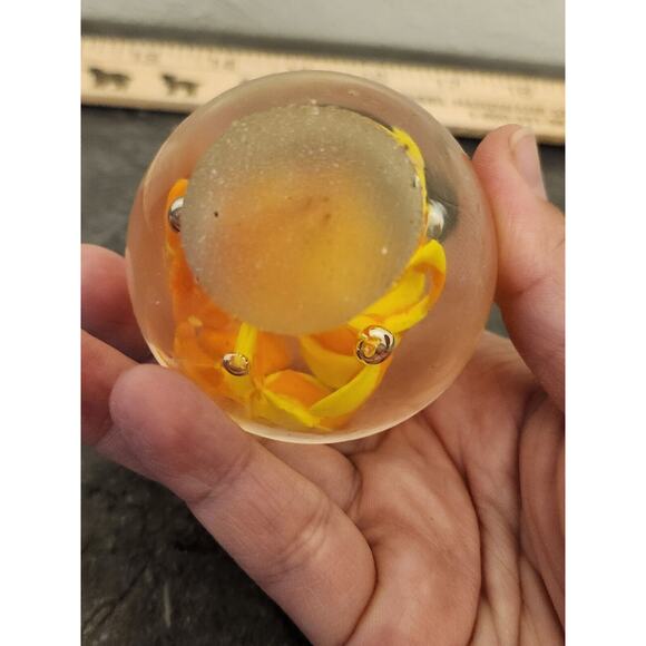 2 Hand‎ Blown Round Glass Paperweight with Yellow Orange Flowers Green Egg - Picture 6 of 13